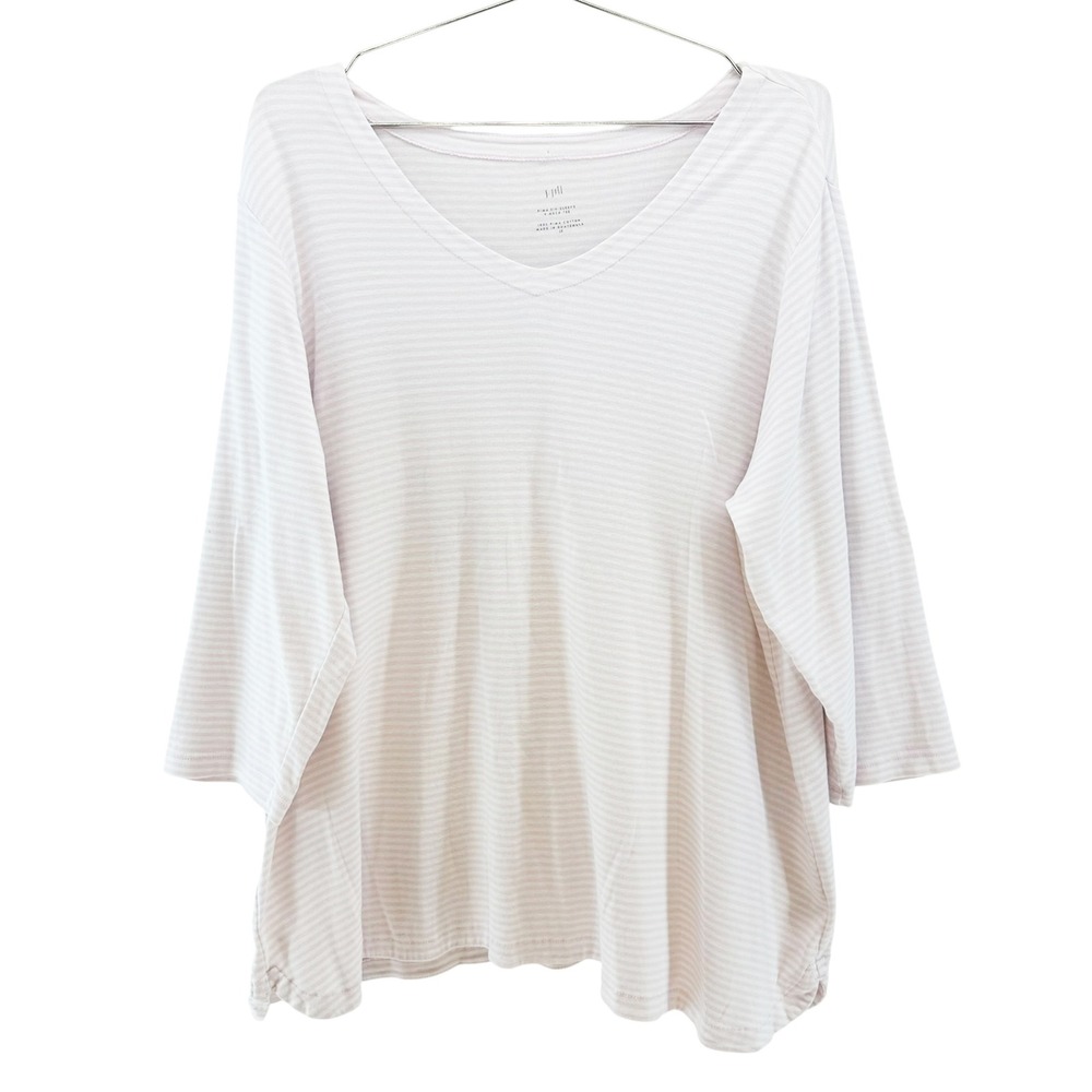 J. JILL 100% Pima Cotton Striped 3/4 Sleeve V-neck Tee • 2X • white pink casual